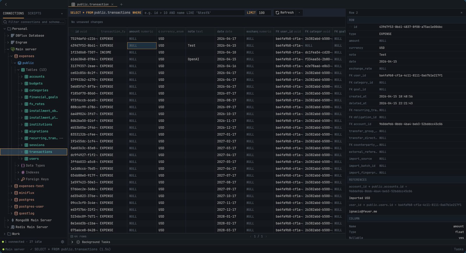 DBFlux con un árbol de conexión abierto, mostrando bases de datos, esquemas, rutinas y métricas de instancia de un servidor PostgreSQL.
